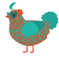 A brown and turquoise chicken with a speckle pattern