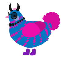 A sapphire and fuchsia chicken with a bar pattern