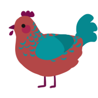 A red and teal chicken with a half-lace pattern