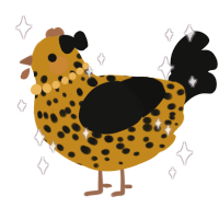 A ochre and black chicken with a speckle pattern