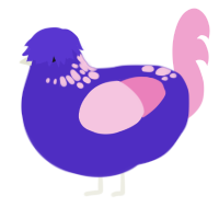 A indigo and pink chicken with a neck-speckle pattern