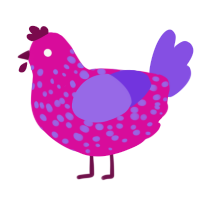 A fuchsia and blurple chicken with a speckle pattern