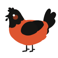 A vermilion and black chicken with a head pattern