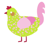 A lime and pink chicken with a speckle pattern