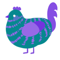 A teal and blurple chicken with a bar pattern