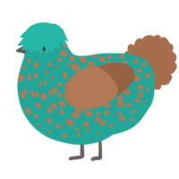 A turquoise and brown chicken with a speckle pattern