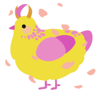 A yellow and orchid chicken with a neck-speckle pattern