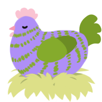 A lilac and chartreuse chicken with a bar pattern