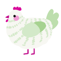 A white and gluppy chicken with a bar pattern
