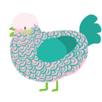 A rose and turquoise chicken with a double-lace pattern