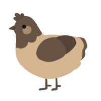 A beige and bark chicken with a head pattern