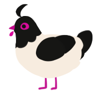 A cream and black chicken with a head pattern