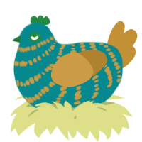 A teal and gold chicken with a bar pattern