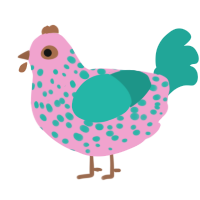 A pink and turquoise chicken with a speckle pattern