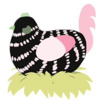 A black and rose chicken with a bar pattern