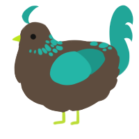 A bark and turquoise chicken with a neck-speckle pattern