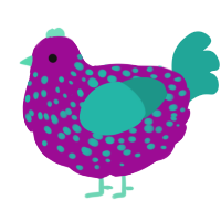 A plum and turquoise chicken with a speckle pattern