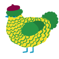 A yellow and viridian chicken with a lace pattern
