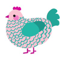 A rose and turquoise chicken with a lace pattern