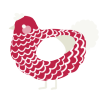 A crimson and white chicken with a lace pattern