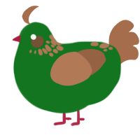 A leaf and brown chicken with a neck-speckle pattern