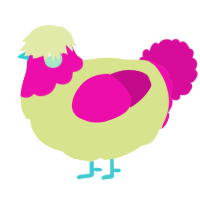 A lemon and fuchsia chicken with a head pattern