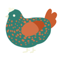 A teal and vermilion chicken with a speckle pattern