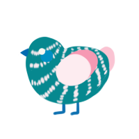 Creature, a teal and rose chicken with a bar pattern