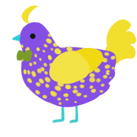 A blurple and yellow chicken with a speckle pattern
