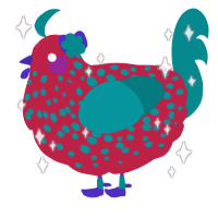 A crimson and teal chicken with a speckle pattern