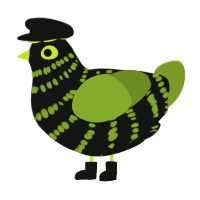 A black and chartreuse chicken with a bar pattern