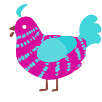 A fuchsia and aqua chicken with a bar pattern