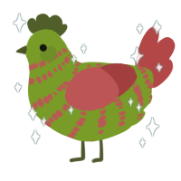 A chartreuse and red chicken with a bar pattern