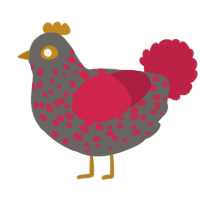 A grey and crimson chicken with a speckle pattern