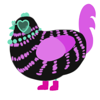 A black and orchid chicken with a bar pattern