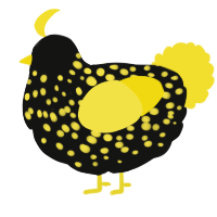 A black and yellow chicken with a speckle pattern