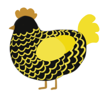 A black and yellow chicken with a lace pattern