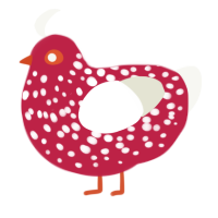 A crimson and white chicken with a speckle pattern