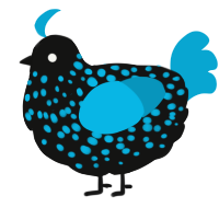 A black and cerulean chicken with a speckle pattern