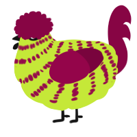 A lime and maroon chicken with a bar pattern