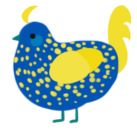 A ultramarine and yellow chicken with a speckle pattern