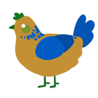 A gold and ultramarine chicken with a neck-speckle pattern