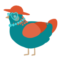 A teal and vermilion chicken with a neck-speckle pattern