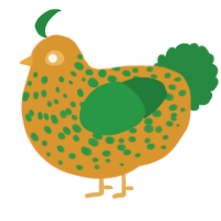 A orange and viridian chicken with a speckle pattern