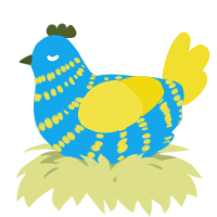 A sky and yellow chicken with a bar pattern