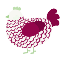A white and maroon chicken with a lace pattern