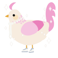 A cream and pink chicken with a neck-speckle pattern