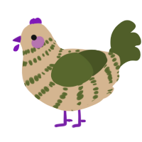 A beige and olive chicken with a bar pattern