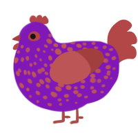 A violet and red chicken with a speckle pattern