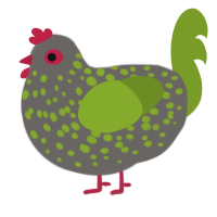A grey and chartreuse chicken with a speckle pattern